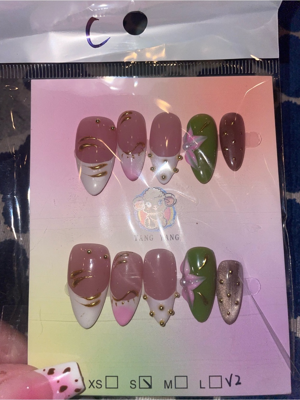 Press-On Nail Set - Pink, Green & White Gel Look